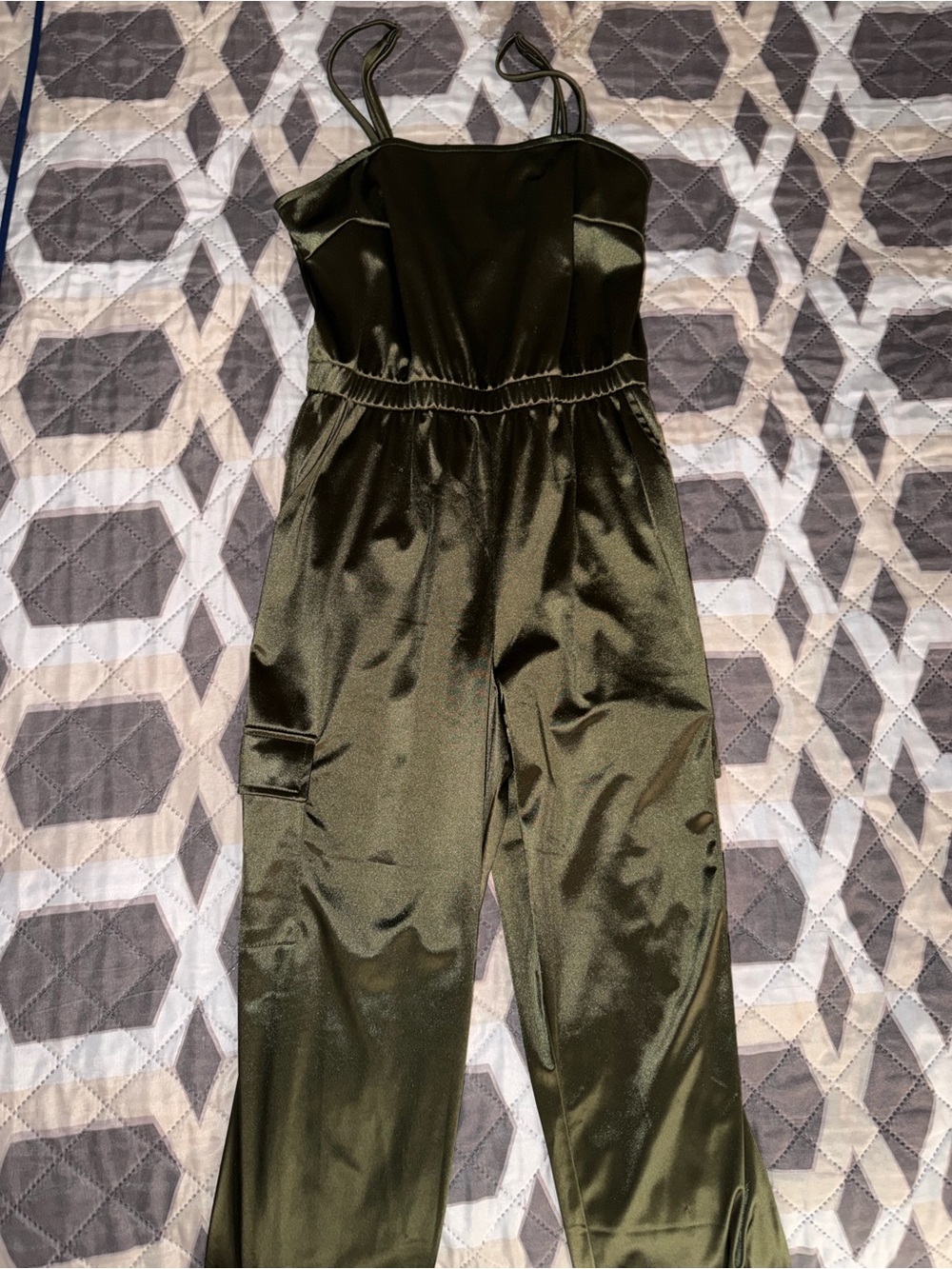 Fashion Nova Olive Satin Spaghetti-Strap Jumpsuit